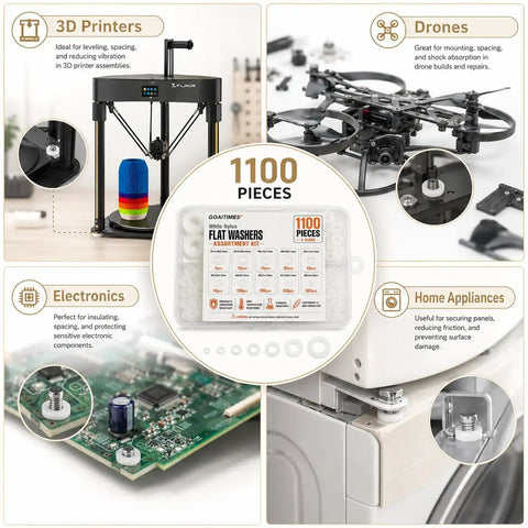 Slick Metric Nylon Washer Assortment Kit White Flat Discs M2 Through M12 in use with 3D printers, electronics, drones, and appliances.