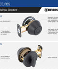 Front and back views of Matte Black Transitional Single Cylinder Deadbolt Lock For Home Security ANSI Grade 2 with anti-saw pin and anti-pry shield features.