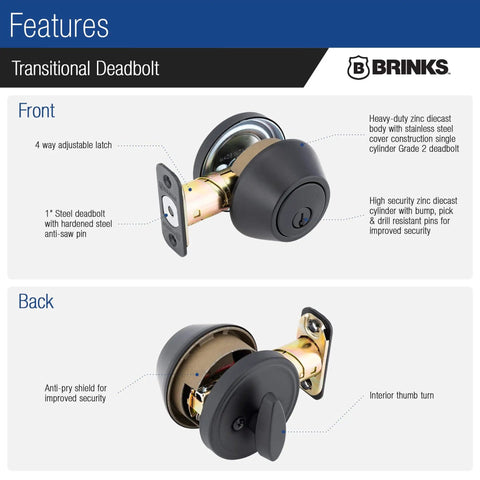 Front and back views of Matte Black Transitional Single Cylinder Deadbolt Lock For Home Security ANSI Grade 2 with anti-saw pin and anti-pry shield features.