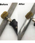Before and after showing the Dope 10 Pack Of 25mm Nylon Abrasive Brush Wheels with a sturdy 3mm shank on metal.
