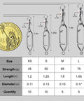 Comparison chart of sizes XS to L for 30 Pack Heavy Duty Stainless Steel Fishing Swivels With Snap Hooks For Lure Attachments, Saltwater and Freshwater Tackle Kit with US dollar coin for scale.