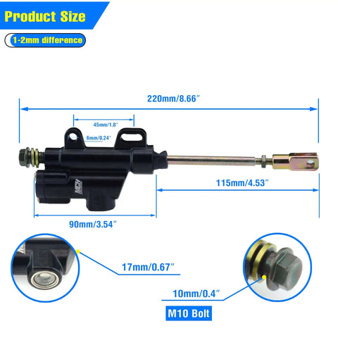 Diagram showing dimensions of Rear Hydraulic Brake Master Cylinder Pump for Motorcycles and ATVs, 50cc-250cc fit