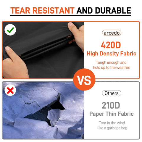 Comparison of 420D high density fabric versus 210D paper thin fabric, highlighting tear resistance and durability for Two Pack High Back Patio Chair Covers Waterproof Weatherproof For Stackable Dining Chairs And Lounge Or Swivel Seats Fits Up To 25W X 28D X 42H With Storage Bag Backyard Ready.