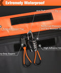 Close-up of waterproof hitch cargo carrier soft shell bag's zipper and combination lock, showcasing reinforced straps and seams.