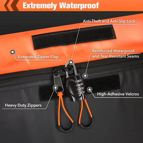 Close-up of waterproof hitch cargo carrier soft shell bag's zipper and combination lock, showcasing reinforced straps and seams.