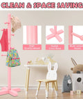 Freestanding Coat Rack With Eight Hooks And Adjustable Height, Tree Style in pink, shown in a child's room, holding items