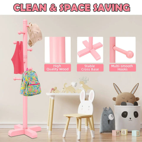 Freestanding Coat Rack With Eight Hooks And Adjustable Height, Tree Style in pink, shown in a child's room, holding items
