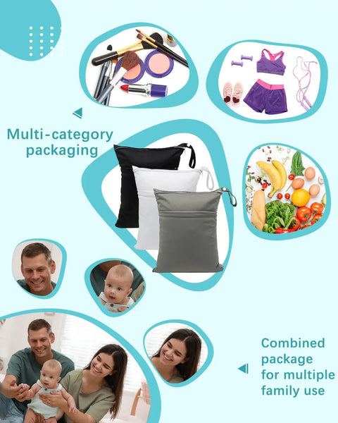 Waterproof Wet Dry Bags Set Of 3 Pack with makeup, gym clothes, food, and family photos; two-pocket reusable organizers.