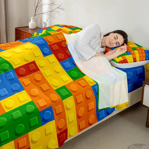 Twin Size Building Blocks Bed Sheet Set For Kids Kid Friendly Cozy Soft Breathable 3 Piece Bedding With Fitted Sheet Flat Sheet And Pillowcase Great For Nursery And Bedroom, twin bed in bedroom