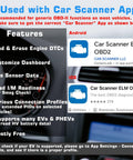 Infographic showing features of Bluetooth OBD II Scanner With BLE For iOS And Android Wireless Car Diagnostic Tool And Engine Code Reader OBD Diagnostic Scan Tool That Delivers Fast Engine Codes And Works With Popular Apps Like Car Scanner ELM OBD2.