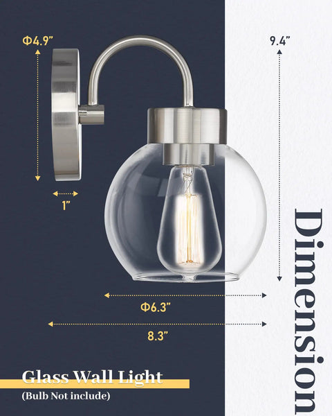 Over Mirror Bathroom Light Fixture One Light Brushed Nickel Wall Sconce Sleek Modern Vanity Lamp with Glass Globe Shade dimensions