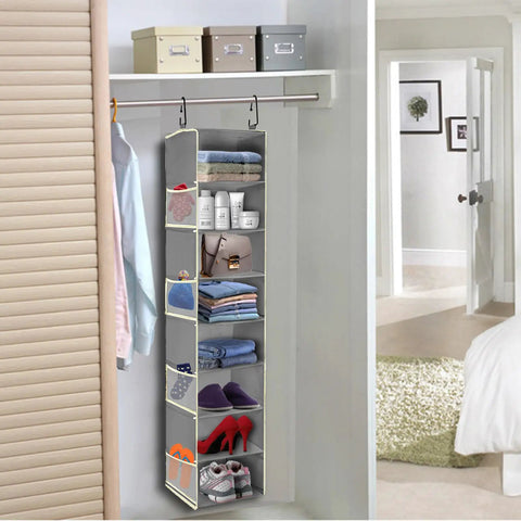 Ultimate 8 Shelf Hanging Shoe Organizer For Closets With Extra Wide Shelves No More Closet Clutter Holds Shoes Boots Sneakers And Clothes Durable Grey 9W 11.8D 48H Hanging Storage Rack organized in closet