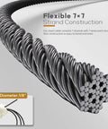 Close-up of Top Shelf 400FT 1/8 Inch Black Stainless Steel Cable, showcasing flexible 7x7 strand construction for railing systems.