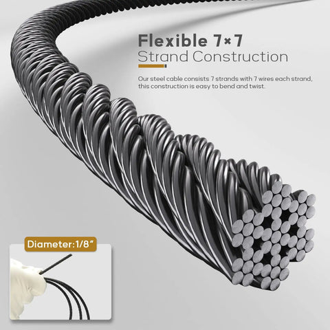 Close-up of Top Shelf 400FT 1/8 Inch Black Stainless Steel Cable, showcasing flexible 7x7 strand construction for railing systems.