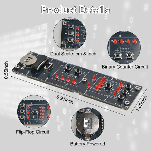 Hands On Diy Digital Logic Circuit Soldering Kit With Binary Counter 0 To 15 And Flip Flops SR JK D T Interactive LEDs Practical STEM Practice For Students And Beginners, dimensions and details, with labeled features and measurements.