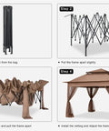 Step-by-step setup of Pop Up Patio Gazebo With Mesh Walls 11x11 Brown, Easy Setup For 1 To 2 People, 121 Square Feet Covered Shade