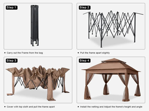 Step-by-step setup of Pop Up Patio Gazebo With Mesh Walls 11x11 Brown, Easy Setup For 1 To 2 People, 121 Square Feet Covered Shade