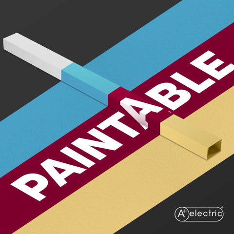 Paintable White Self Adhering Cord Cover Kit With 26 Ft Of Snap On Channels for cables, shown in various painted colors