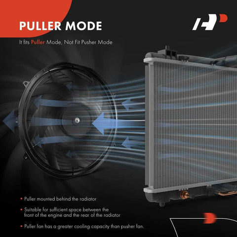 Rock Solid 10 Inch Universal Electric Cooling Fan Assembly With Thermostat Relay And Mount Kit, puller fan mode shown with airflow.