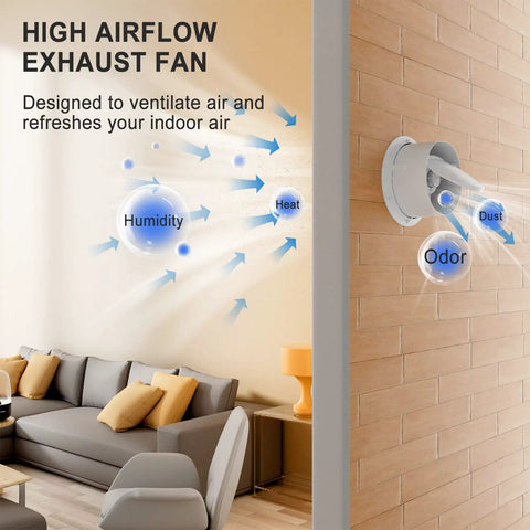 High airflow exhaust fan demonstrated in living room, illustrating air ventilation for humidity and odors.