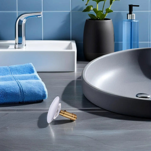 Copper Pop up Bathtub Plug with Bounce Design for Drain Hole beside a grey sink, featuring a brass connector and a blue towel.