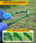 Fence Wire Fixer Heavy Duty Stretcher Tool Built From High Carbon Steel Wire Tightener For Barbed Plain Or Electric Fences In Farm Ranch Or Garden Green in use on fence with serrated grip