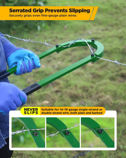 Fence Wire Fixer Heavy Duty Stretcher Tool Built From High Carbon Steel Wire Tightener For Barbed Plain Or Electric Fences In Farm Ranch Or Garden Green in use on fence with serrated grip