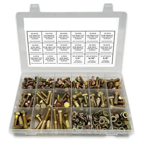 Hardcore Grade 8 Hex Cap Bolts Assortment Kit With Secure Grip Nuts And Washers in a clear organizer box for heavy duty projects.