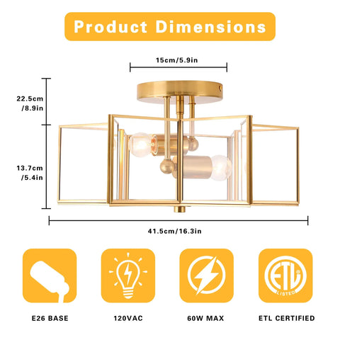 Product dimensions for Two Light Star Ceiling Light With Glass Shade In Modern Brass Finish Close To Ceiling Flush Mount Fixture