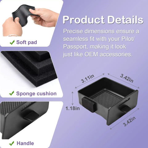Product details of Center Console Organizer Tray For Honda Pilot 2023 2024 2025 2026 And 2026 Passport showing dimensions and materials.
