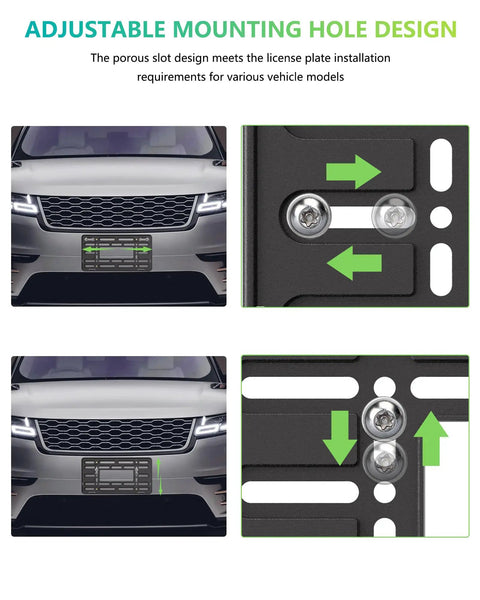 Front License Plate Bracket Mounting Kit For Bumpers With Anti Theft Hardware And Stainless Steel Zip Ties shown on car bumper