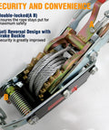 Bigorenda come-along winch with steel cable and gear mechanism; close-up view of spring, gears, and steel frame.