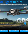 4K GPS Drone With Camera For Adults, 5G WiFi FPV, hovering above landscape, showcasing auto return feature, foldable quadcopter design.