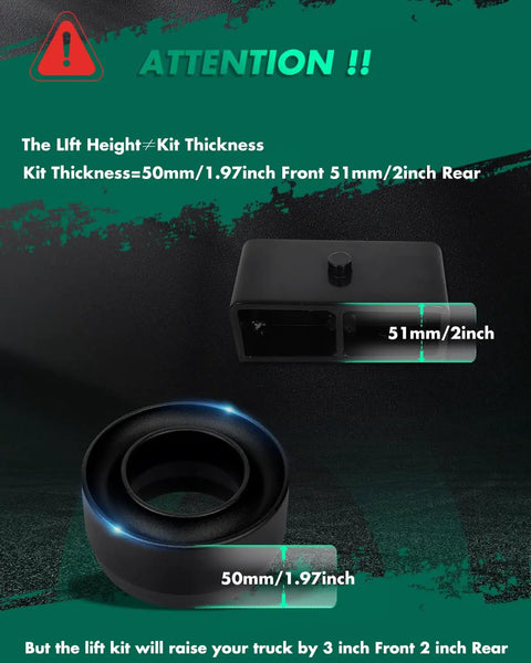 Infographic showing kit thickness for 3 Inch Front And 2 Inch Rear Leveling Lift Kit For Ram 2500 2011 3500 2011 Dodge Ram 1500 2002 2008