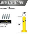 Rock Solid Yard Safety Bollard, Heavy Duty 24 Inch Tall Steel Parking Barrier Post, 12 Gauge Thick Wall With 8X8 Inch Base And Four Anchor Bolts, Bright Yellow Powder Coated For Driveways And Job Sites with dimensions and installation details.