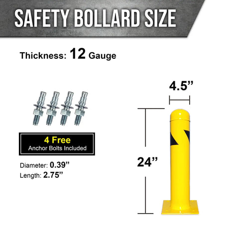 Rock Solid Yard Safety Bollard, Heavy Duty 24 Inch Tall Steel Parking Barrier Post, 12 Gauge Thick Wall With 8X8 Inch Base And Four Anchor Bolts, Bright Yellow Powder Coated For Driveways And Job Sites with dimensions and installation details.