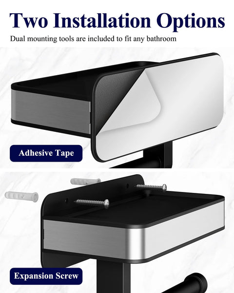 Toilet Paper Holder With Top Shelf And Phone Storage Adhesive And Screw Wall Mount Matte Black Bathroom Organizer dual installation options