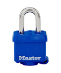 Front view of weatherproof padlock with laminated steel body and hardened shackle, 1-9/16 inch wide blue thermoplastic shell.