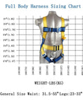 Fall Protection Safety Harness With Internal Shock Absorbing Lanyard And Hook, OSHA And ANSI Certified, size chart displayed