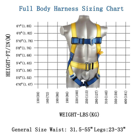 Fall Protection Safety Harness With Internal Shock Absorbing Lanyard And Hook, OSHA And ANSI Certified, size chart displayed
