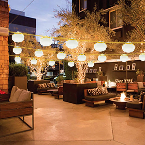 Outdoor patio with Industrial Grade Construction String Lights LED For Job Sites Renovations Extendable 200 Foot Portable Lighting