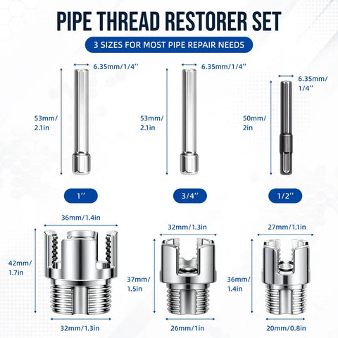4 In 1 Pipe Tapping And Threading Tool Kit For Home Plumbing Repair, set of three thread restorers in 1, 3/4, 1 inch sizes.