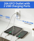 Solid Setup GFCI Outlet With Dual USB A Plus C Ports In White Pack Of 20 Tamper Resistant Self Testing GFI Receptacle in use with devices.