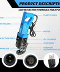 Electric Hydraulic Hole Punch Tool 1200W 110V with labeled parts including switch, motor, and oil cylinder for metal punching, ten ton capacity.