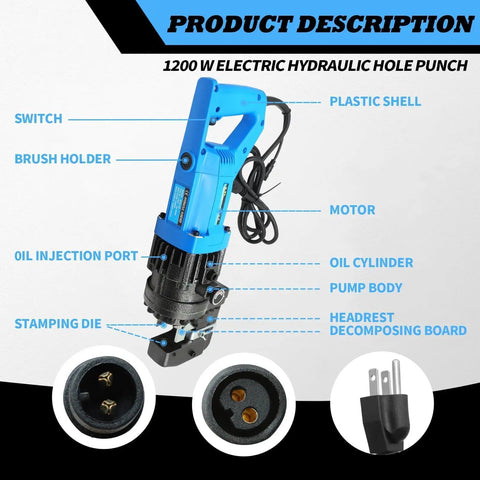 Electric Hydraulic Hole Punch Tool 1200W 110V with labeled parts including switch, motor, and oil cylinder for metal punching, ten ton capacity.