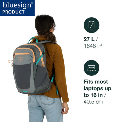 Back view of person wearing Urban Commuter Laptop Backpack With 16 Inch Laptop Sleeve AirScape Backpanel, size 27L, bluesign material.