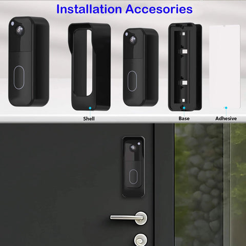 Doorbell Mount For Blink Video Doorbell 2nd Gen 2025 With An Adjustable Weatherproof Protective Case, No Drilling Required shown installed on a door with accessory parts displayed above.