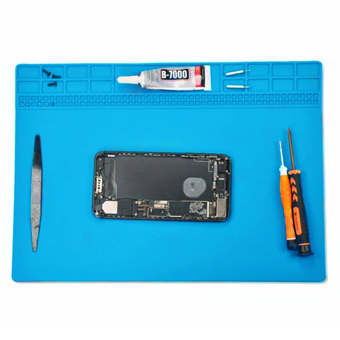 Blue Anti Static ESD Mat For Workbench And Desk 13.8 By 9.8 Inch Silicone Solder Pad with tools and phone components