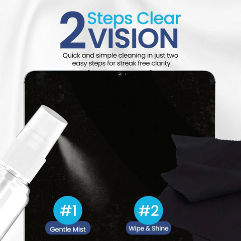 Eyeglass Lens Cleaner Kit With 2x8oz Bottles And 1x2oz Bottle Microfiber Cloths showing gentle mist on lens and microfiber wipe