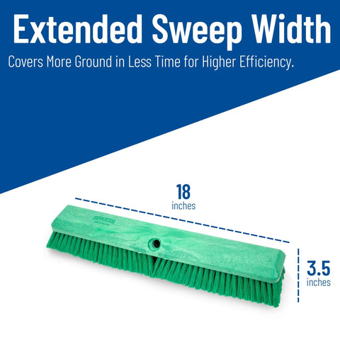 Heavy Duty Grit Crusher Plastic Push Broom Head 18 Inch Multi Surface Sweeper showing 18 inch width and 3.5 inch bristles.